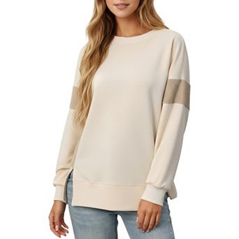 Women's Crew Neck Long Sleeve Pullover Top with Colorblock Sleeve Detail