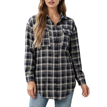 Women's Long Sleeve Plaid Button-Up Shirt with Chest Pockets
