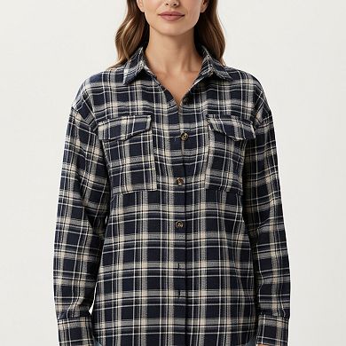 Women's Long Sleeve Plaid Button-Up Shirt with Chest Pockets