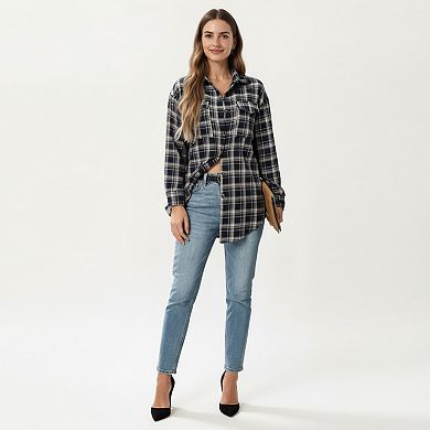 Women's Long Sleeve Plaid Button-Up Shirt with Chest Pockets