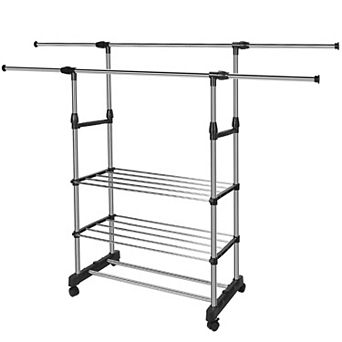 Height Adjustable Clothes Rack 3.124.80ft, Foldable Garment Hanger with Wheels & Shelf