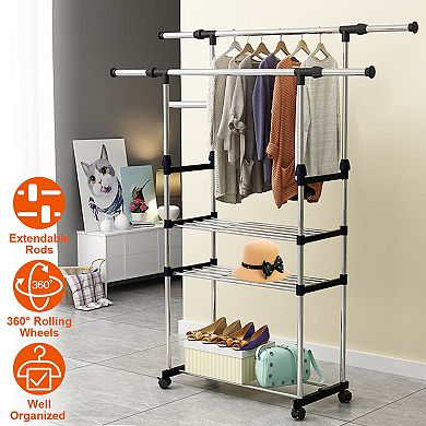 Height Adjustable Clothes Rack 3.124.80ft, Foldable Garment Hanger with Wheels & Shelf