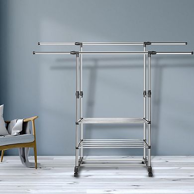Height Adjustable Clothes Rack 3.124.80ft, Foldable Garment Hanger with Wheels & Shelf