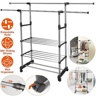 Height Adjustable Clothes Rack 3.124.80ft, Foldable Garment Hanger with Wheels & Shelf