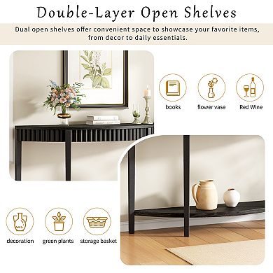 55" Half Moon Entryway Console Table with Wood Veneer and Open Shelf