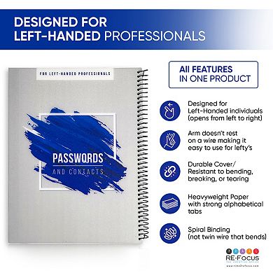 RE-FOCUS THE CREATIVE OFFICE Left-Handed Password Log Book, Blue, 7.5 in x 10 in, 96 Pages
