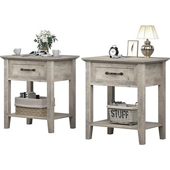 Modern Nightstand End Table Side Table with Storage Drawer for Bedroom,Living Room,2 pc Grey