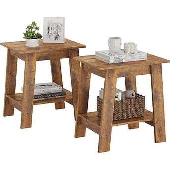 Set of 2 Small Narrow End Tables with 2 tier Storage, Nightstands for Living Room & Entryway,Brown