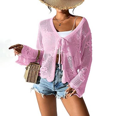 Women Tie Front Crop Top Hollow Out Knit Bell Sleeve Cardigan