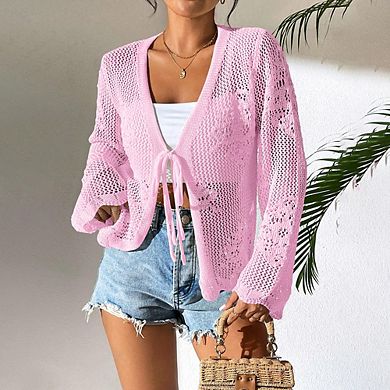 Women Tie Front Crop Top Hollow Out Knit Bell Sleeve Cardigan