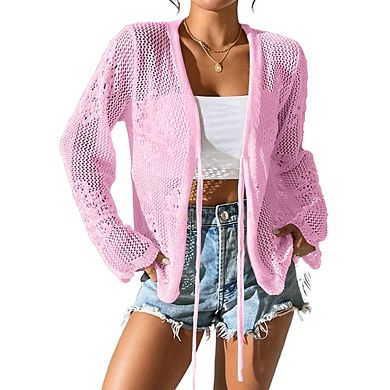 Women Tie Front Crop Top Hollow Out Knit Bell Sleeve Cardigan