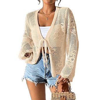 Women Tie Front Crop Top Hollow Out Knit Bell Sleeve Cardigan