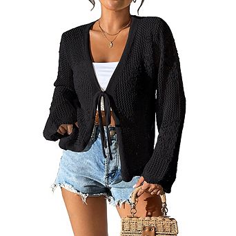 Women Tie Front Crop Top Hollow Out Knit Bell Sleeve Cardigan