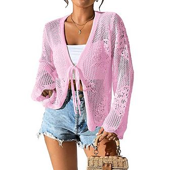 Women Tie Front Crop Top Hollow Out Knit Bell Sleeve Cardigan