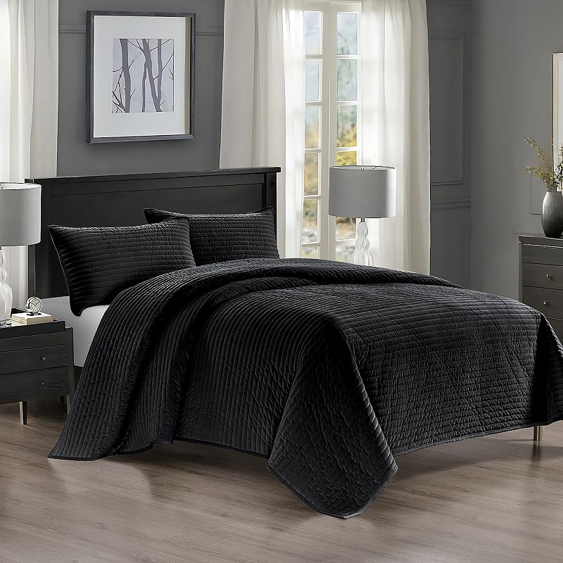 Pointehaven Oversized Channel Design Velvet Quilt Set, Silver