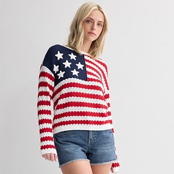 Juniors' Jollidays American Flag Crochet Crew Sweater