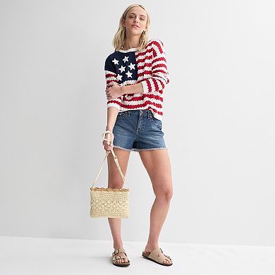 Juniors' Jollidays American Flag Crochet Crew Sweater