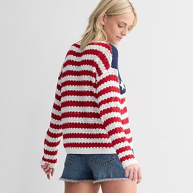 Juniors' Jollidays American Flag Crochet Crew Sweater