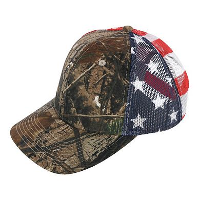 Kati Men's Real tree Camo Trucker Hat with American Flag Mesh Back