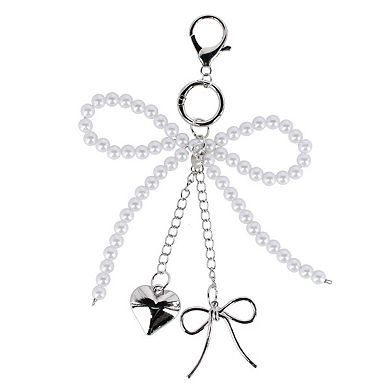 CTM Women's Silver and Pearl Bow Heart Bag Charm/Key Chain