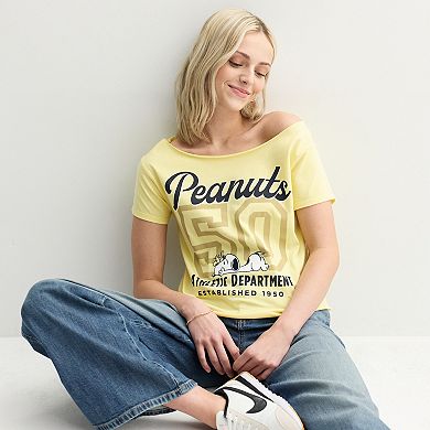 Juniors' Peanuts Athletic Department Snoopy Graphic Off-The-Shoulder Tee