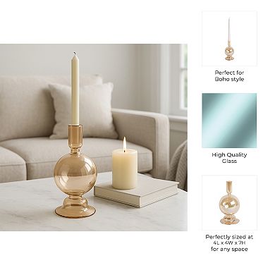 Glass Taper Candle Holder with Rounded Globe Pedestal Base Design