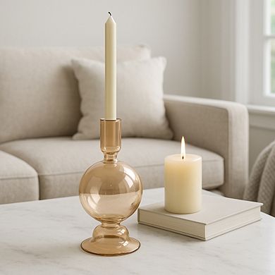 Glass Taper Candle Holder with Rounded Globe Pedestal Base Design