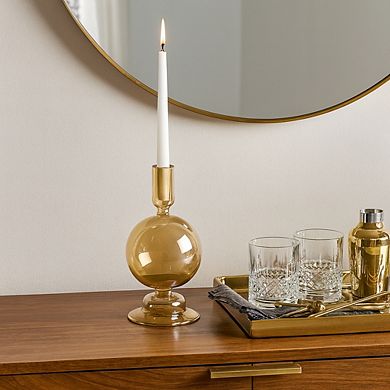 Glass Taper Candle Holder with Rounded Globe Pedestal Base Design
