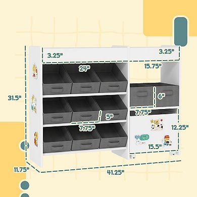 Qaba Toy Storage Organizer with 11 Fabric Bins, Moveable Cabinet