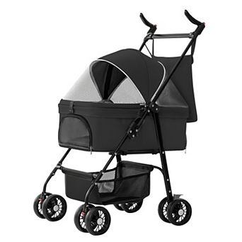 Foldable 4-Wheel Pet Stroller with Removable Liner & Storage Basket, Travel Jogger Carrier for Dogs