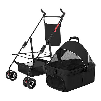 Foldable 4-Wheel Pet Stroller with Removable Liner & Storage Basket, Travel Jogger Carrier for Dogs