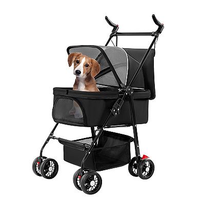 Foldable 4-Wheel Pet Stroller with Removable Liner & Storage Basket, Travel Jogger Carrier for Dogs