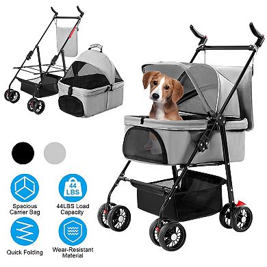 Foldable 4-Wheel Pet Stroller with Removable Liner & Storage Basket, Travel Jogger Carrier for Dogs