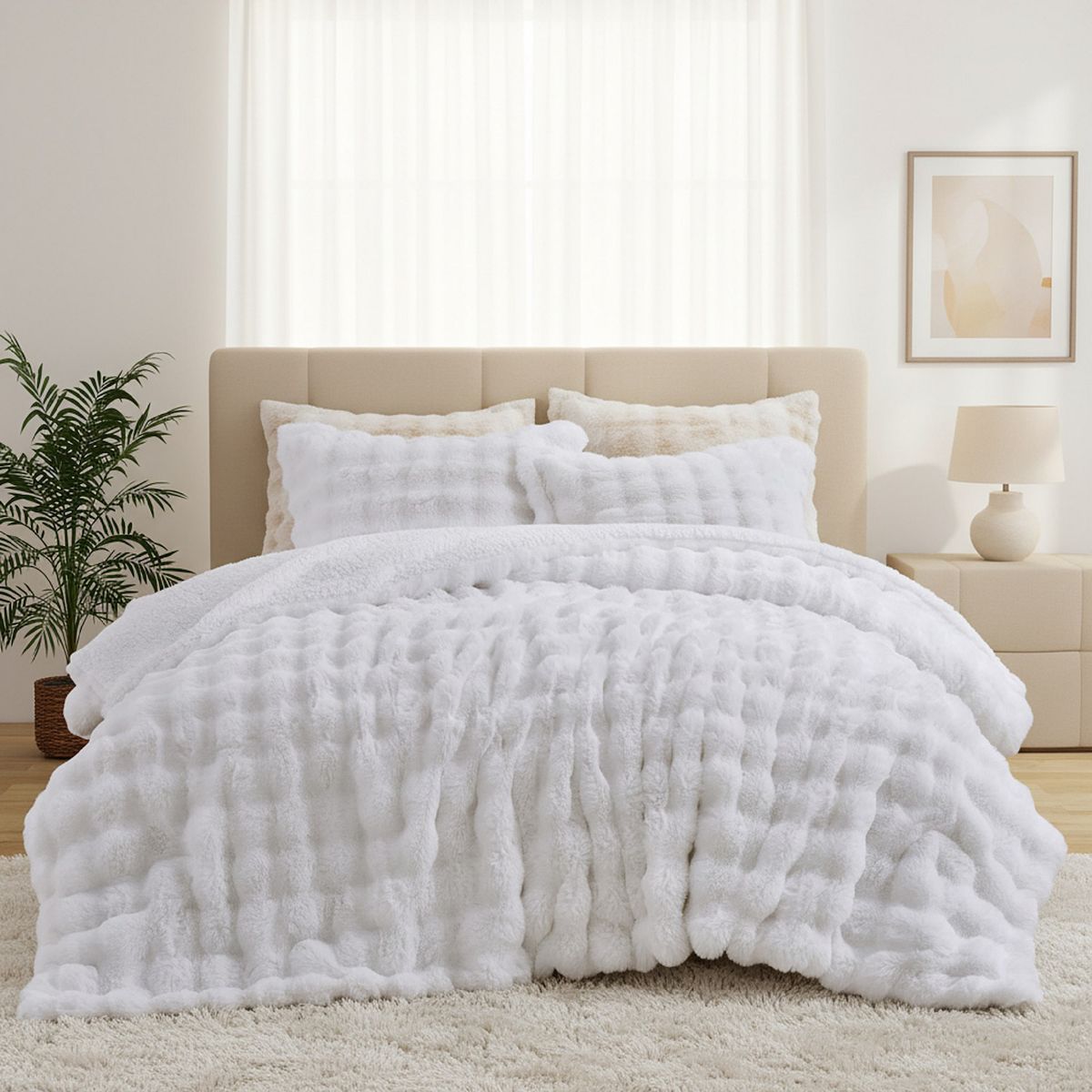 Unikome Fleece Comforter Set -Super Soft & Warm Fluffy Bedding Set, Luxury Fuzzy Heavy Bed Set - White, KING SET
