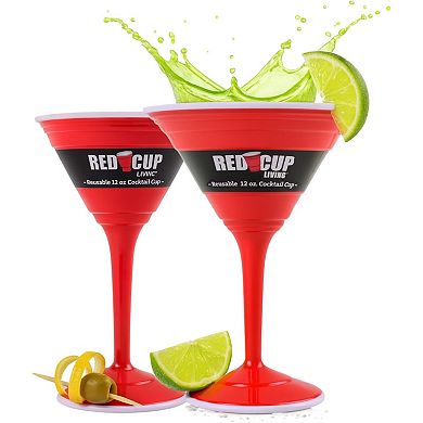 Reusable Red Plastic Cocktail Glass with Stem, 12oz, Pack of 2 Sturdy Durable Party Cups