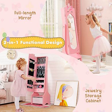 Costway Kids Jewelry Cabinet with Full-Length Mirror Drawer 2 Adjustable Tilt Angles