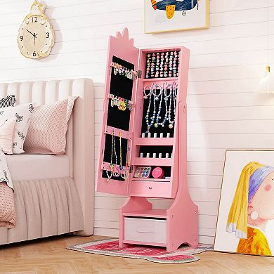 Costway Kids Jewelry Cabinet with Full-Length Mirror Drawer 2 Adjustable Tilt Angles