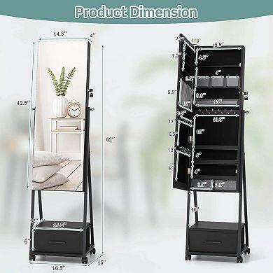 Costway Jewelry Cabinet Armoire Full Length Mirror Lockable w/ Bottom Drawer & Wheels