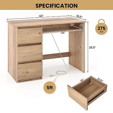Costway Computer Desk with Outlet Keyboard Tray 3 Large Drawers Type-C USB Ports