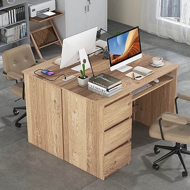 Costway Computer Desk with Outlet Keyboard Tray 3 Large Drawers Type-C USB Ports