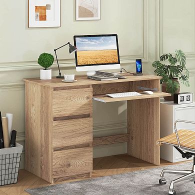 Costway Computer Desk with Outlet Keyboard Tray 3 Large Drawers Type-C USB Ports