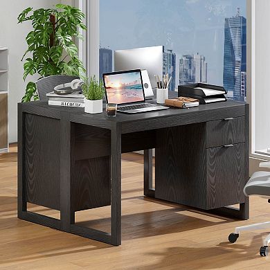 Costway Computer Desk with Storage Cabinet Pull-out Drawer Stable Thick Legs for Bedroom Black