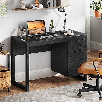 Costway Computer Desk with Storage Cabinet Pull-out Drawer Stable Thick Legs for Bedroom Black