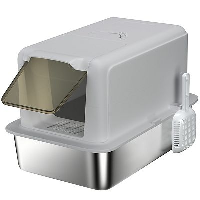 PawHut 2 in 1 Stainless Steel Cat Litter Box with Removable Lid
