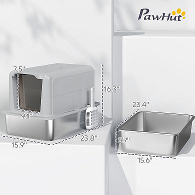 PawHut 2 in 1 Stainless Steel Cat Litter Box with Removable Lid