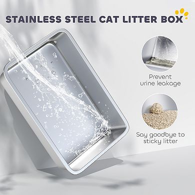 PawHut 2 in 1 Stainless Steel Cat Litter Box with Removable Lid