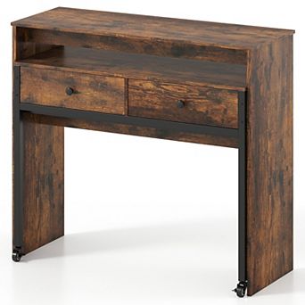 Costway 39.5" Expandable Rolling Computer Desk with Monitor Shelf 2 tier Desktop 2 Drawers Brown