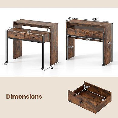 Costway 39.5" Expandable Rolling Computer Desk with Monitor Shelf 2-tier Desktop 2 Drawers Brown