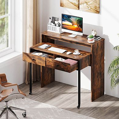 Costway 39.5" Expandable Rolling Computer Desk with Monitor Shelf 2-tier Desktop 2 Drawers Brown