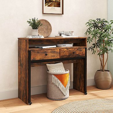 Costway 39.5" Expandable Rolling Computer Desk with Monitor Shelf 2-tier Desktop 2 Drawers Brown
